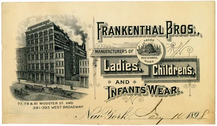 Frankenthal Bros., Manufacturers of Ladies, Childrens, and Infants Wear [trade card], 1898